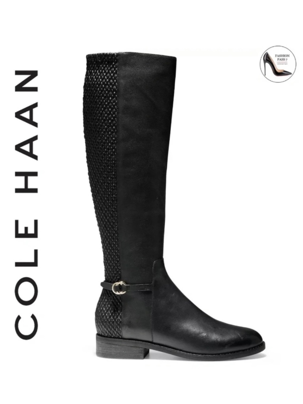 COLE HAAN Isabell Women's Stretch Black Leather Knee High Riding Boots 6